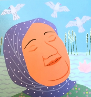 Illustration of Alia Baqer dreaming of peace and a new library, from Jeanette Winter's 'The Librarian of Basra'.